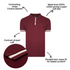 Bigdude Contrast Stripe Placket With Tipped Cuff Polo Shirt Burgundy -Big Dude Clothing Shop 13cf704e bd21p1420red