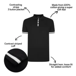 Bigdude Contrast Stripe Placket With Tipped Cuff Polo Shirt Black -Big Dude Clothing Shop 5c334730 bd21p1420black