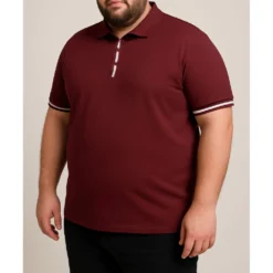 Bigdude Contrast Stripe Placket With Tipped Cuff Polo Shirt Burgundy -Big Dude Clothing Shop b65617f1 life2 us21p14 10 burgundy