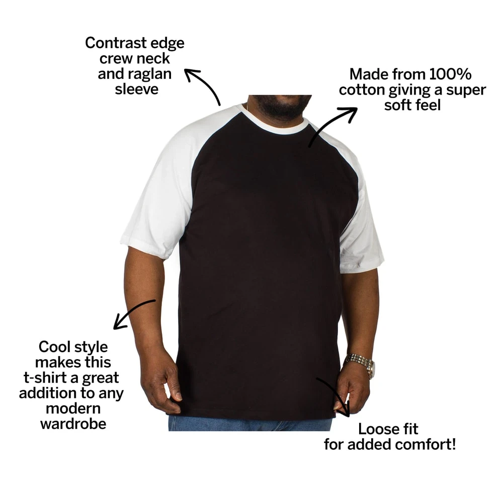 Bigdude Contrast Raglan Sleeve T-Shirt Black/White 3 Bigdude Contrast Raglan Sleeve T-Shirt Black/White - Image 3