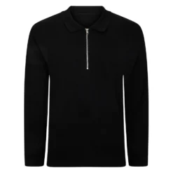 Bigdude Smart Single Jersey Long Sleeve Polo With Zip Black