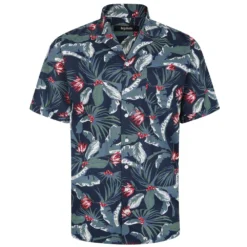 Bigdude Tropical Trees Viscose Relaxed Collar Shirt Blue